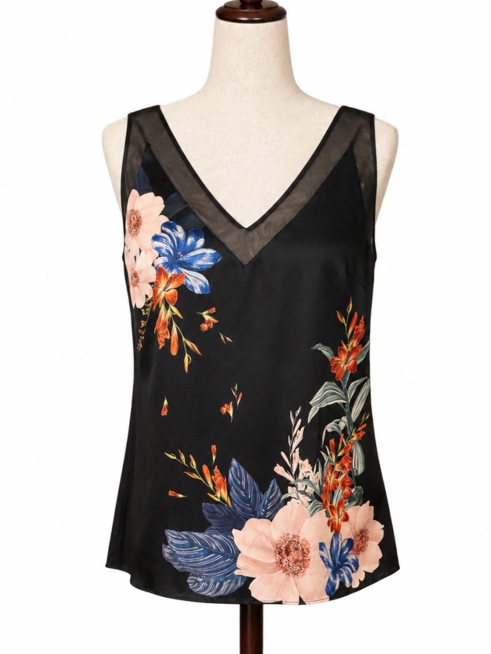 NWT Ted Baker silky sleeveless top in black and floral.  Sheer trim- size XS